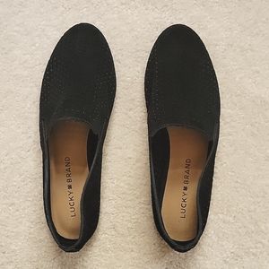 Shoes; Black suede slip-ons